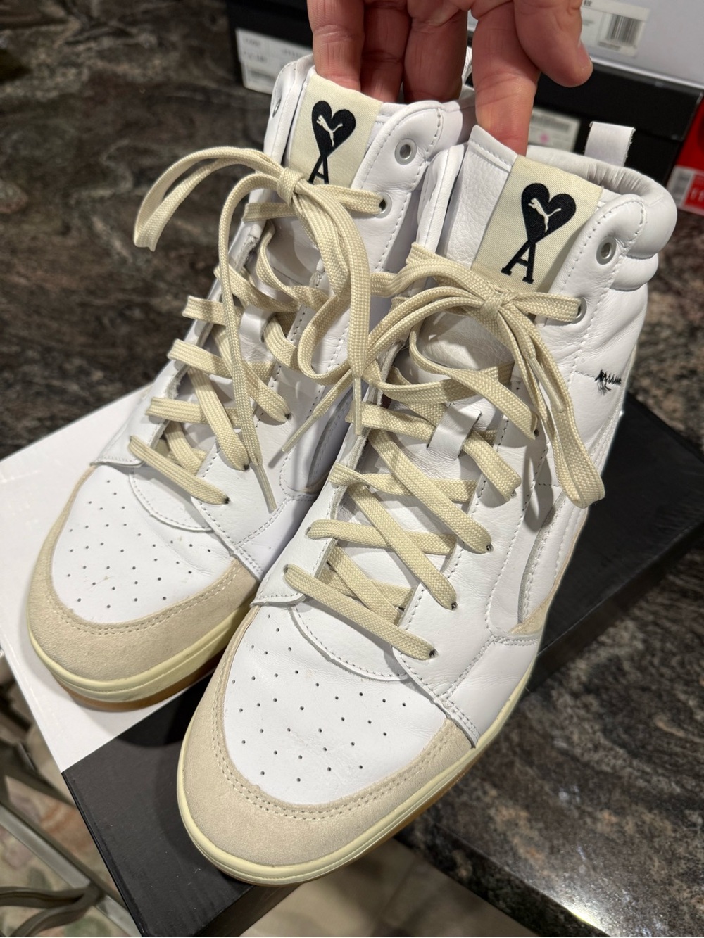 AMI x PUMA High-Top Leather Sneakers in White and Cream